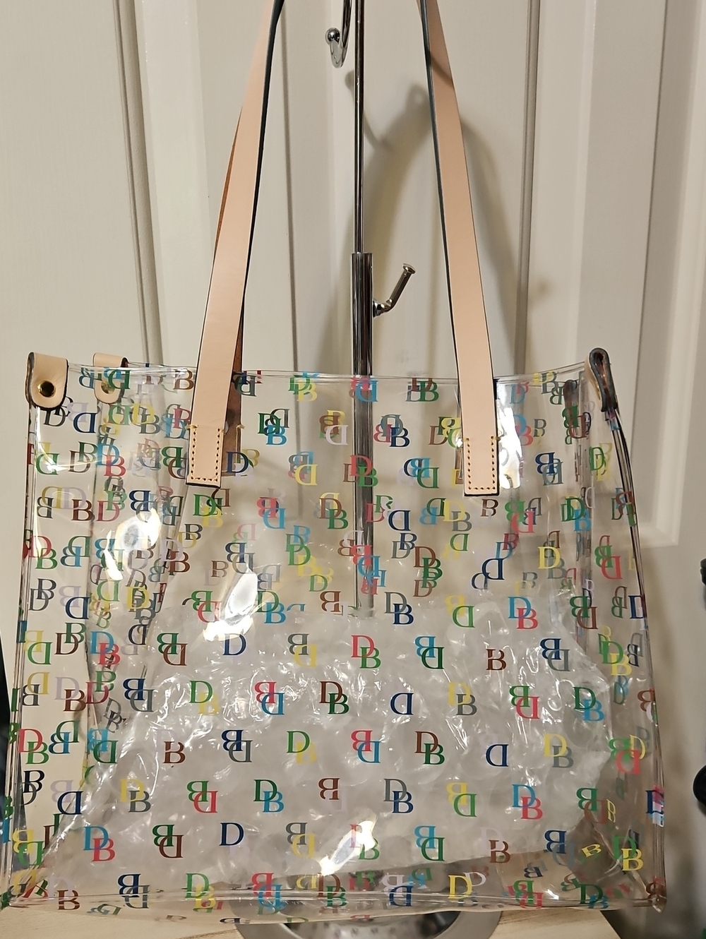 Dooney & Bourke NWOT Clear Multicolor DB Logo Tote with Tan Straps